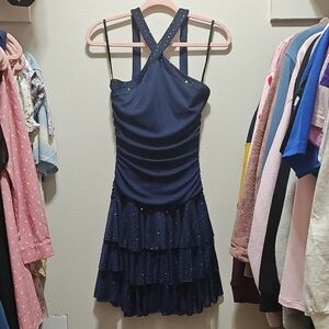 Elegant Navy Blue Dress with Ruffle Skirt